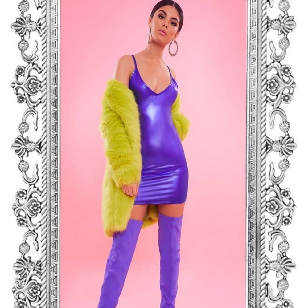 Purple Metalic Strappy Plunge Bodycon Dress